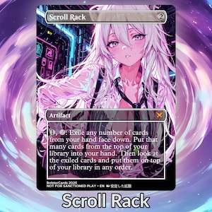 Pode incluir: Um cartão colecionável com o texto "Scroll Rack" e uma ilustração em estilo anime de uma pessoa com cabelo comprido branco. O cartão tem uma borda preta e inclui instruções do jogo. O cartão é rotulado como um artefato.