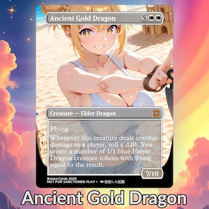May include: A fantasy card with an anime-style illustration of a blonde woman on a beach. The card is labelled "Ancient Gold Dragon" and includes game text. The card has a white border and a colourful background.
