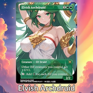 May include: A trading card with a green border, featuring the character "Elvish Archdruid." The card shows a female elf with long green hair, wearing a white dress and gold jewellery. The card text details the creature's abilities and stats.