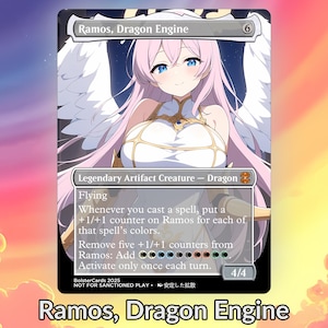 Könnte beinhalten: Eine Magic: The Gathering-Karte mit "Ramos, Dragon Engine". Die Karte zeigt einen weiblichen Anime-Charakter mit rosa Haaren, blauen Augen und weißen Flügeln. Die Karte hat ein weißes und goldenes Farbschema mit Text, der ihre Fähigkeiten und Werte beschreibt.