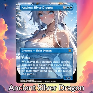 Peut inclure: Une carte Magic: The Gathering avec une illustration d'un Dragon d'Argent Ancien de style anime. La carte a une bordure bleue et comprend le texte "Ancient Silver Dragon", "Créature - Dragon Ancien", et du texte de jeu. La force et l'endurance de la carte sont de 8/8.