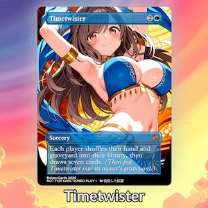 May include: A fantasy art card named "Timetwister" depicting a woman in blue clothing. The card includes the word "Sorcery" and game instructions. The background of the card is a gradient of colours.