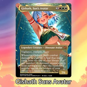 Może przedstawiać: Karta kolekcjonerska "Gishath, Sun's Avatar". Karta przedstawia żywą ilustrację żeńskiej postaci z niebieskimi włosami i zielonym strojem. Tekst karty zawiera mechanikę gry i moc/wytrzymałość 7/6.