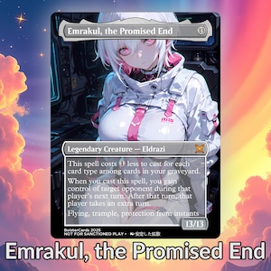 May include: A collectible trading card featuring the character Emrakul, the Promised End. The card has a white and pink color scheme, with an anime-style illustration of a female figure. The card text includes game mechanics and the card's name.