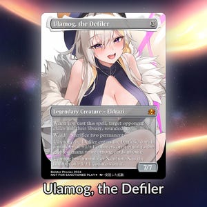 May include: A fantasy trading card featuring a female character with long white hair and purple eyes. The card is titled "Ulamog, the Defiler" and has a power and toughness of 7/7. The card text describes the creature's abilities, including "When you cast this spell, target opponent exiles half their library, rounded up." and "Ward - Sacrifice two permanents."