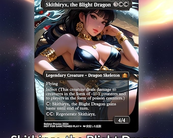 Könnte beinhalten: Eine Fantasy-Sammelkarte mit einer Frau mit langen schwarzen Haaren und einem schwarzen Kleid. Die Karte trägt den Titel "Skithiryx, der Seuchen-Drache" und hat eine Stärke und Widerstandsfähigkeit von 4/4. Der Kartentext lautet: "Fliegen, Infektion (Diese Kreatur fügt Kreaturen Schaden in Form von -1/-1-Markern und Spielern in Form von Giftmarkern zu), : Skithiryx, der Seuchen-Drache erhält Eile bis zum Ende des Zuges, : Regeneriere Skithiryx."