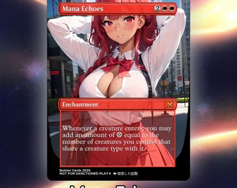 Può includere: Una carta rossa e bianca con il testo "Mana Echoes" e un'illustrazione di una donna con i capelli rossi. La carta è una carta di magia e ha un simbolo di mana rosso e un simbolo di mana bianco. Il testo sulla carta recita: "Ogni volta che una creatura entra in gioco, puoi aggiungere una quantità di mana pari al numero di creature che controlli che condividono un tipo di creatura con essa."