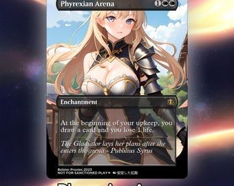 Può includere: Una carta di Magic: The Gathering con una donna in armatura con i capelli biondi. La carta si chiama "Phyrexian Arena" e ha un costo di mana di 1 bianco e 1 nero. Il testo della carta recita: "All'inizio del tuo mantenimento, pesca una carta e perdi 1 punto vita."