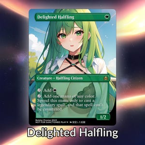 Cartão personalizado de proxy de anime Halfling Delighted Waifu TCG com folha/sem folha, arte de anime linda e madura para comandante EDH, presente para ele/ela