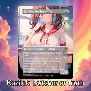 Puede incluir: Una carta de Magic: The Gathering con una ilustración de estilo anime de un personaje con uniforme escolar. La carta se titula "Kozilek, Butcher of Truth" e incluye texto del juego. La carta tiene una fuerza/resistencia de 12/12 y un coste de maná de 10.