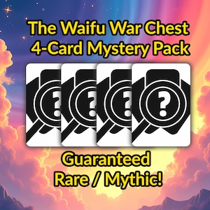Op de afbeelding: Vier kaarten mystery pack getiteld "The Waifu War Chest" met een vergrootglas en vraagteken ontwerp. De tekst "Guaranteed Rare / Mythic!" wordt ook weergegeven. De achtergrond heeft een kleurrijke lucht.