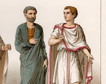 Roman antique costume clothing tunic original colored chromo lithography from 1882