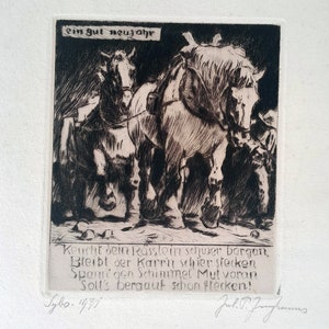 antiker Kupferstich mit Pferden, von Julius P. Junghanns 1931,  eigenhändig signiert