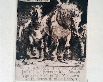 antique copper engraving with horses, by Julius P. Junghanns 1931, signed by hand