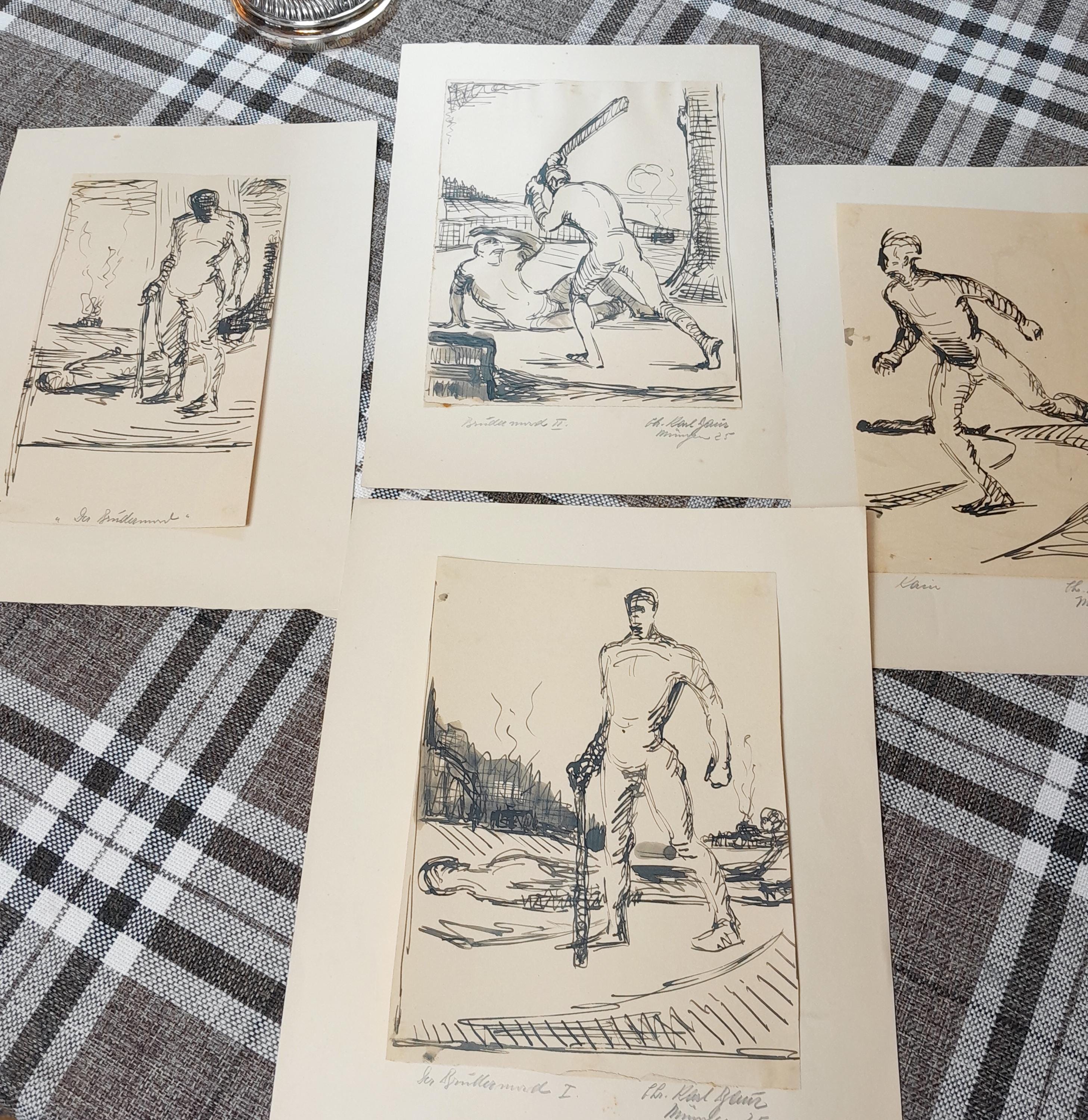 4 Ink Drawings Cain and Abel, Fratricide Original C. K. Baur (1897