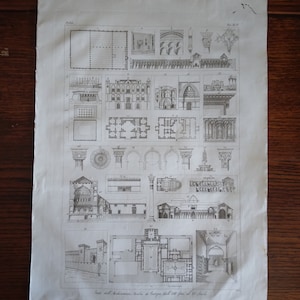 Kopergravure uit 1841 "Arabische architectuur in Europa" Antiek groot formaat