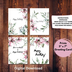 Set van 4 afdrukbare verjaardagskaarten | Bloemenverjaardagskaarten | DIRECT DOWNLOADEN | Lastminutekaart | Roze lelies kaart | Botanische kaart