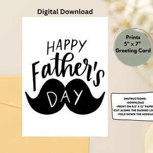 Cartão de dia dos pais para impressão, cartão para impressão, cartão de pai fofo para impressão, download instantâneo, cartão para pai, cartão de bigode