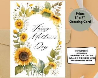 Printable Mother's Day Card, Printable Card, Cute Printable Mom Card, Instant Download, Card For Mom, Sunflower Greeting Card
