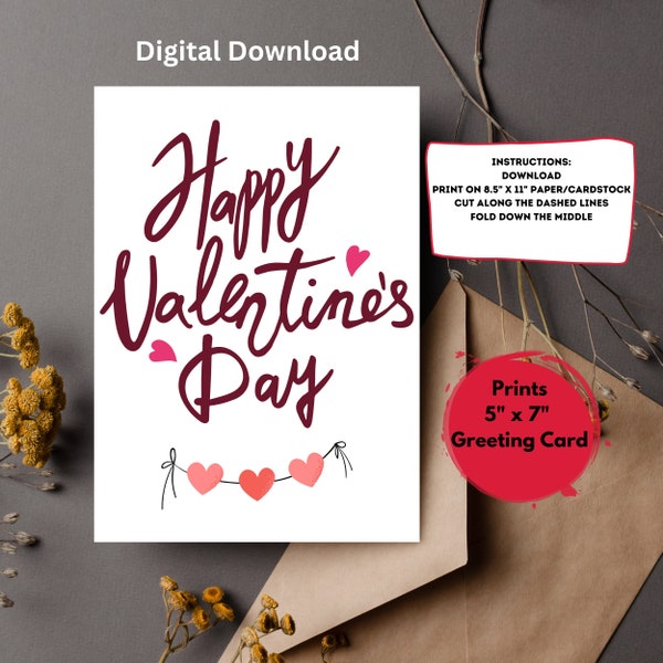 Printable Valentine Card, Printable Heart Valentine's Day Card, Printable Card / Instant Download PDF
