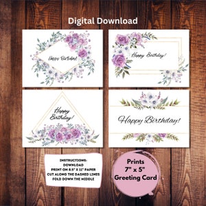 Set van 4 afdrukbare verjaardagskaarten | Bloemenverjaardagskaarten | DIRECT DOWNLOADEN | Lastminutekaart | Paarse bloemen kaart | Botanische kaart