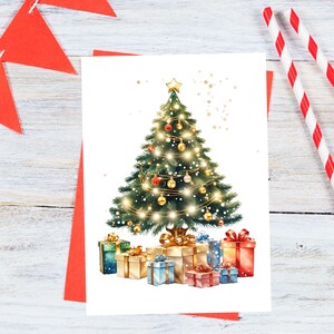 May include: A watercolor illustration of a Christmas tree decorated with gold ornaments, red ribbons, and white lights. The tree is surrounded by wrapped gifts in various colors, including red, blue, green, and gold.