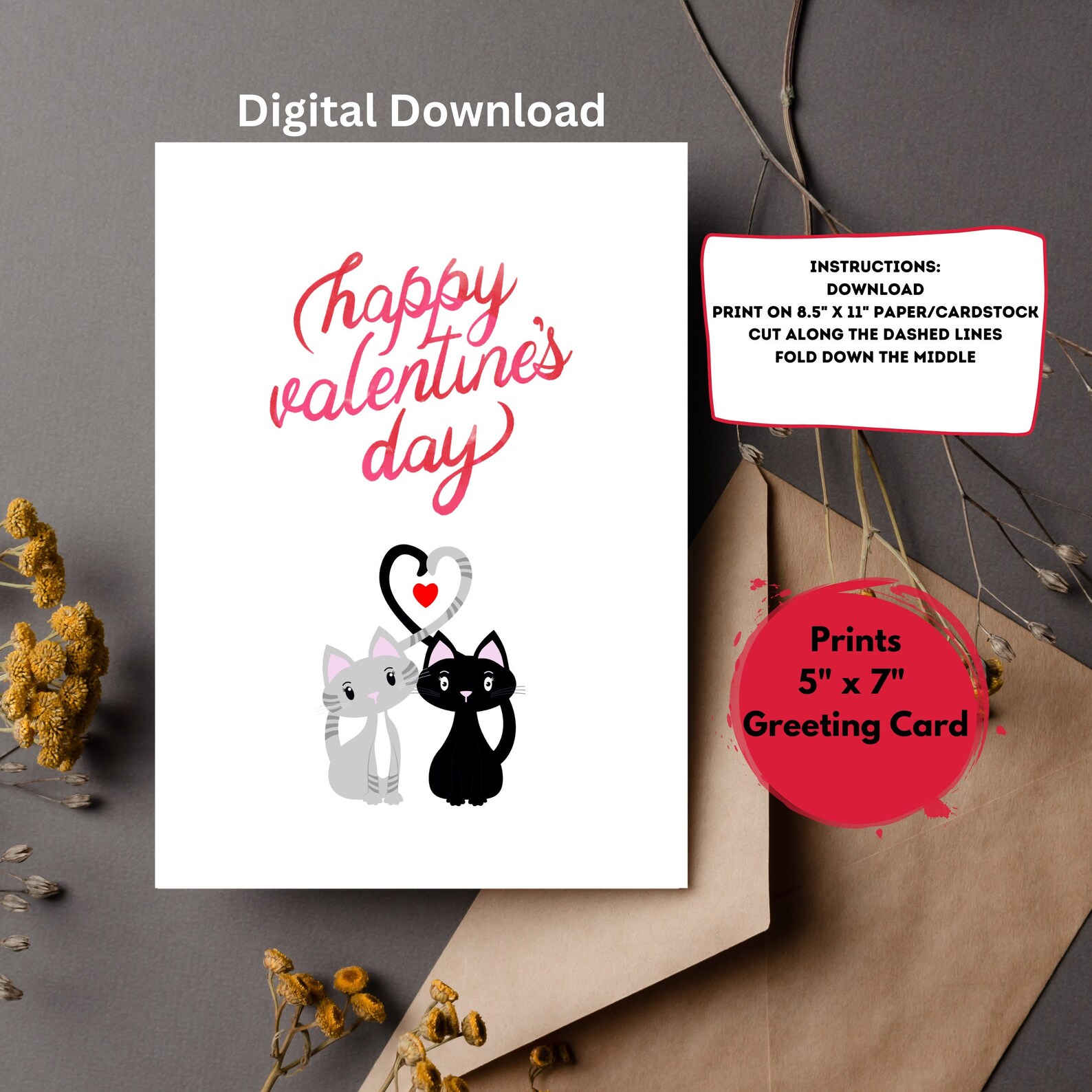 Printable Valentine Card, Printable Cat Valentine's Day Card, Printable ...
