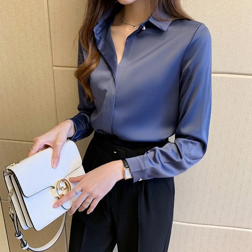 Elegant Glossy Silk Satin Shirt Long Sleeve Woman Fashion - Etsy