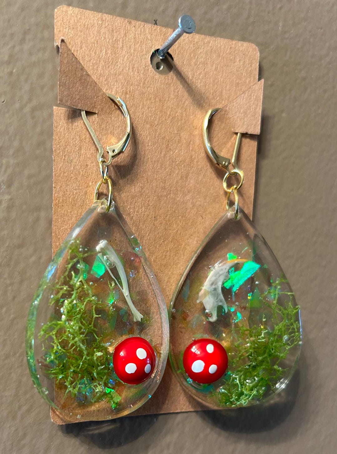 Incased Mouse Bone Incased in Resin Earrings With Moss, Mushroom and Sparkle ...