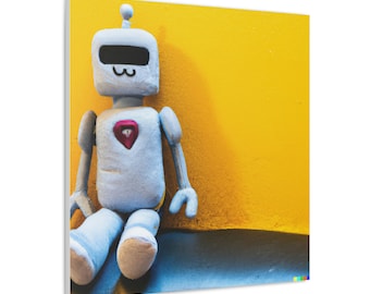 A Plush Toy Robot Sitting Against a Yellow Wall Canvas. Wall Art Decoration. AI Generated Art Canvas. AI Art.