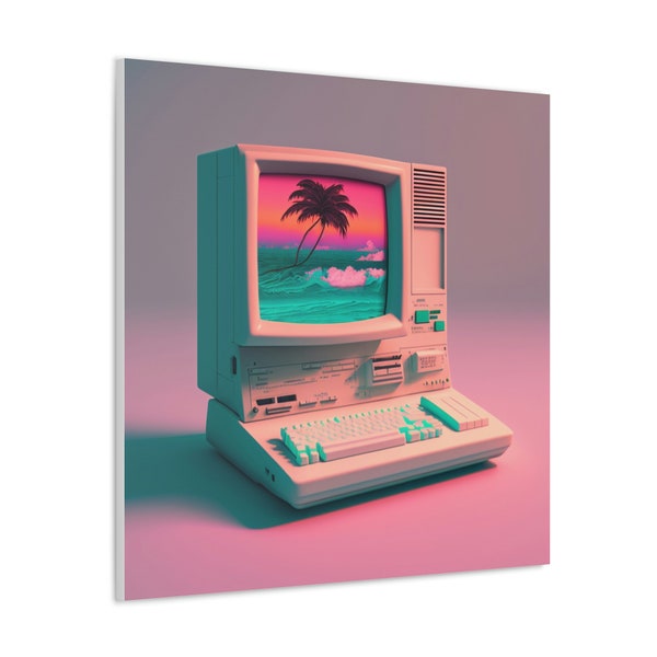 A Computer from the 90s in Vaporwave Style Canvas. Vaporwave Art. Vaporwave Canvas. Wall Art Decoration.