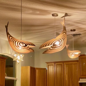 Whale 39-50&quot; Wood Pendant Light Chandelier, Hanging Lamp, Light Fixture Ceiling, Nursery Lighting, Wooden Housewarming Gift, DIY Kit Wood