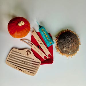 May include: An overhead shot features a collection of craft supplies and natural elements. A bright orange pumpkin sits next to a wooden comb, two wooden weaving tools, a teal candle, a red pouch, and a dried sunflower.