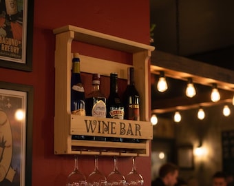 Minibar de madera rústica para whisky: minibar de pared con soporte para vasos