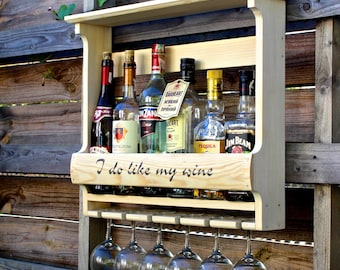 Botellero de pared de madera con soporte para copas: Minibar de madera natural