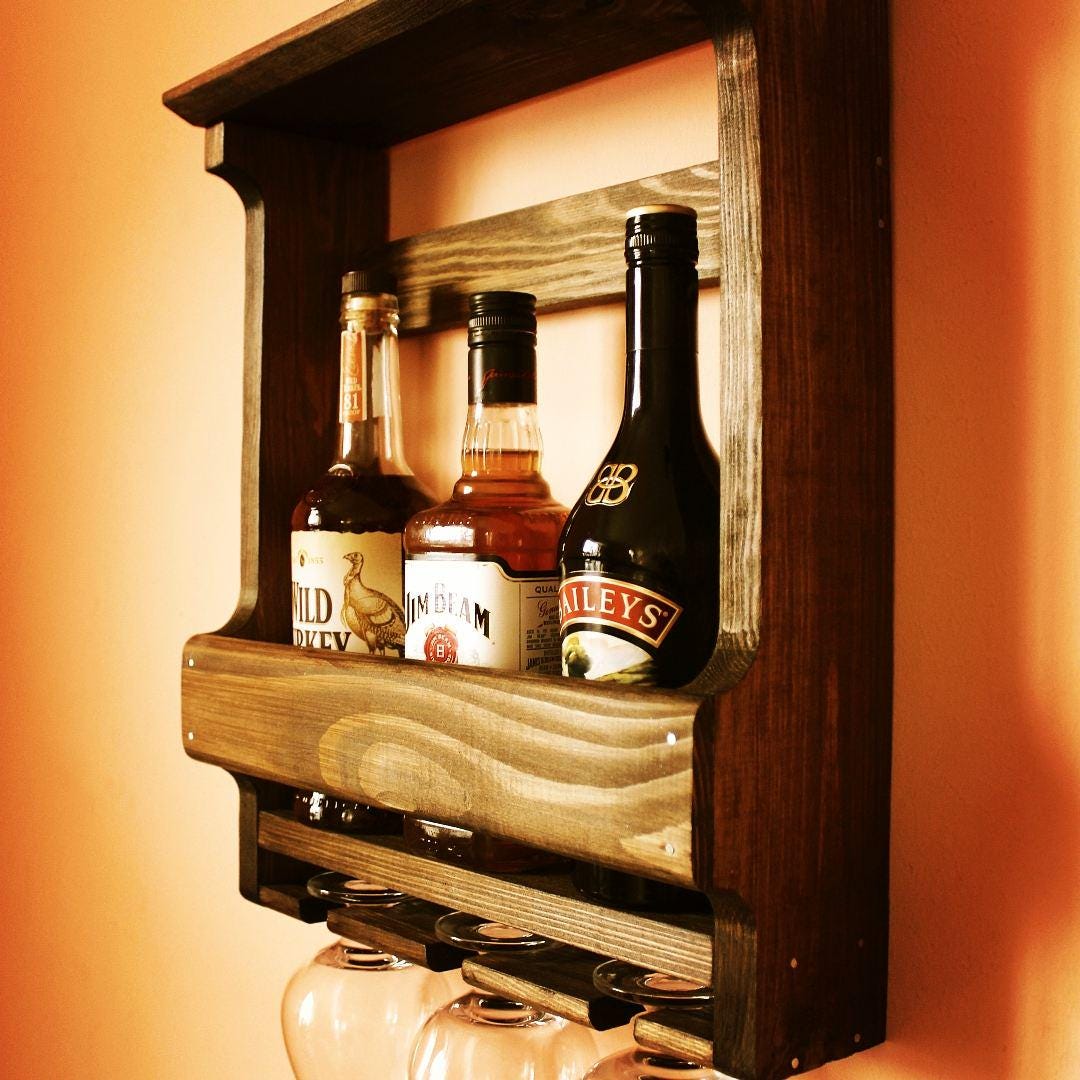 Rustic Wood Whisky Rack: Wall Mounted Mini Bar With Glass Holder - Etsy