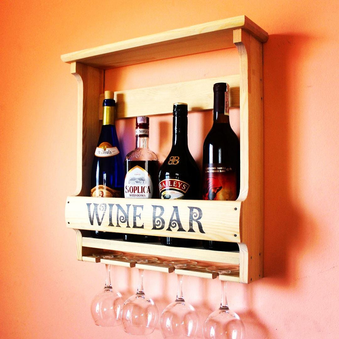 Rustic Wood Whisky Rack: Wall Mounted Mini Bar With Glass Holder - Etsy