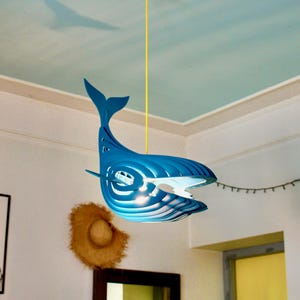 WHALE - Ceiling chandelier. Painted wooden pendant light. Hanging lamp Fish. Lighting for children&#39;s room. Nursery night light.