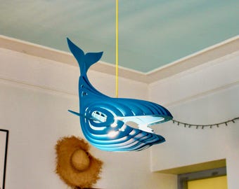 Painted Whale Chandelier: Wooden Pendant Light, Nursery Decor