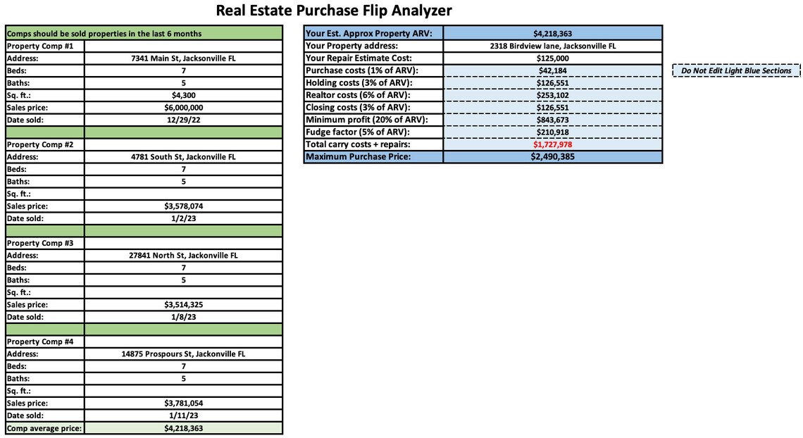 Real Estate Purchase ARV Comp Investor Calculator Spreadsheet Finance