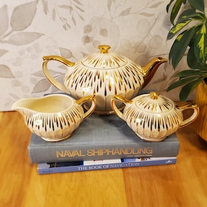 Ivory and Gold Vintage Sadler Art Deco Teapot Set