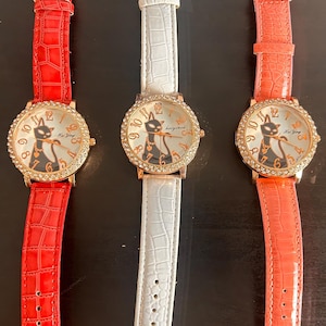 Vintage Black Cat Watch: Rose Gold Accents, Crystal Gemstones