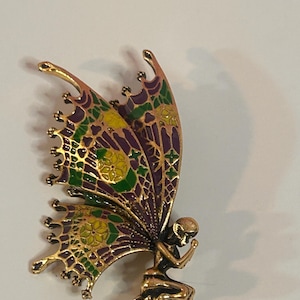 Vintage Enamel Fairy Pin Brooch with Purple Yellow and Green Wings and Goldtone Body