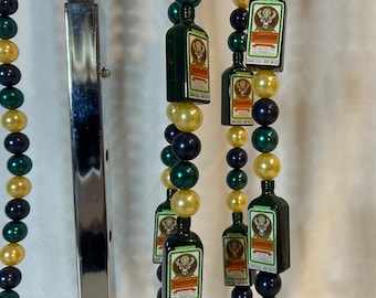 Extra Large Vintage Jagermeister Bottle Mardi Gras Party Beads with Traditional Colors