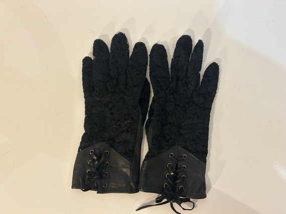 Vintage Goth Leather and Lace Black Lace-up Glove… - image 1