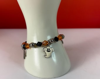 Vintage Halloween Charm Bracelet with Enamel Charms and Glass Beads