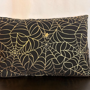 Vintage Halloween Throw Pillow Black Cotton Material with Gold Spider Web and Stripe Design