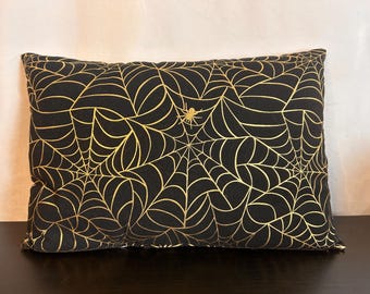 Vintage Halloween Throw Pillow Black Cotton Material with Gold Spider Web and Stripe Design