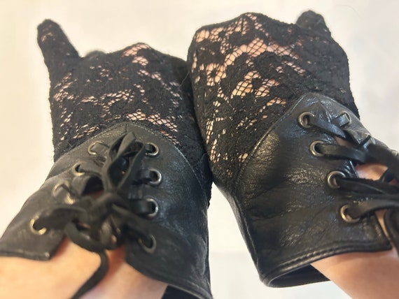 Vintage Goth Leather and Lace Black Lace-up Glove… - image 5