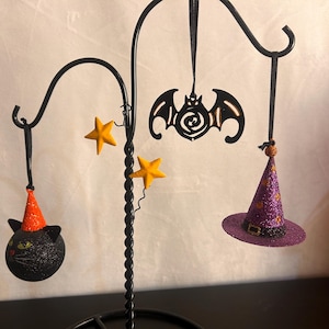 Vintage Metal Halloween Hanging Ornaments Decorations Witch Hat Black Cat and Black Bat